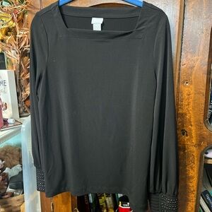 Chico's Women's Black Boat Neck Knit Shirt Beaded Cuffs Size 0 (Small)